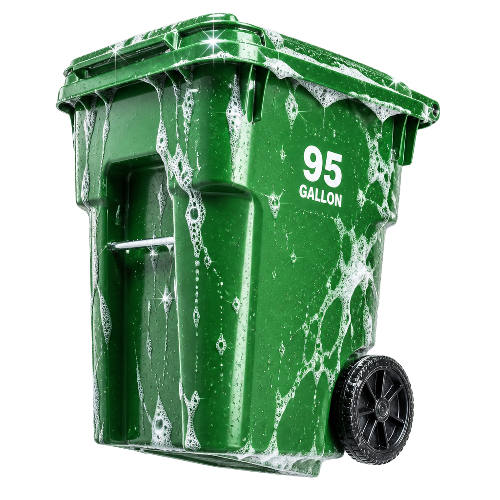 Freshly cleaned, soapy green 95-gallon trash bin